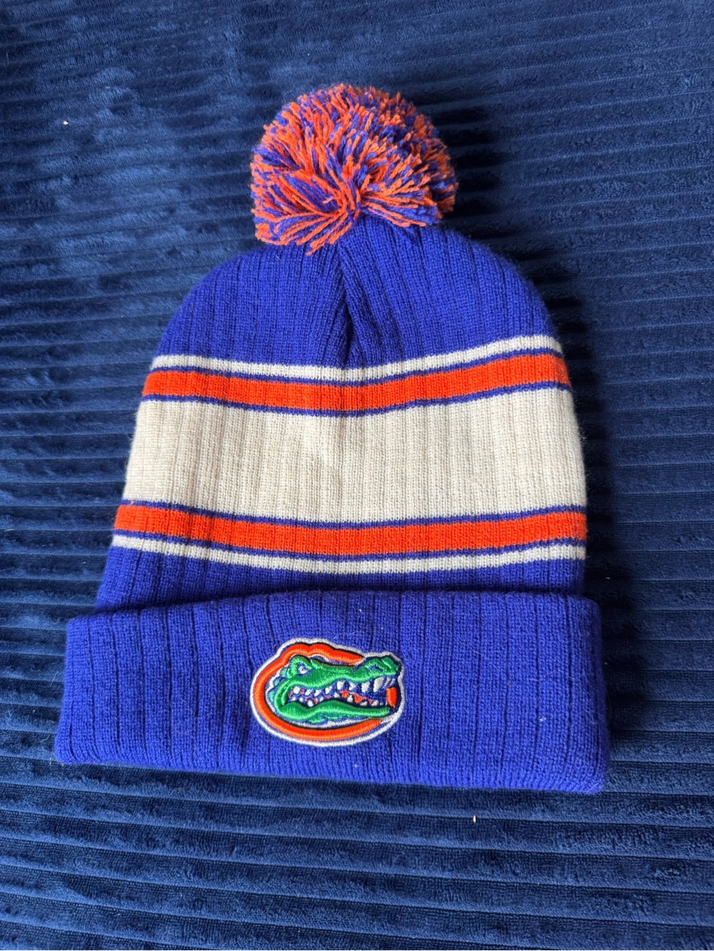 University Gators Striped Pom Beanie Hat with Orange & White Stripes